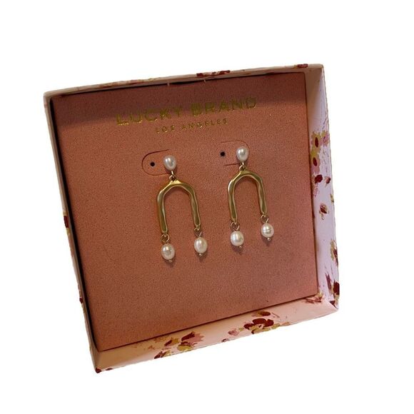 Lucky Brand Hammered Gold Toned & Faux Pearl Drop Earrings. - Picture 2 of 7